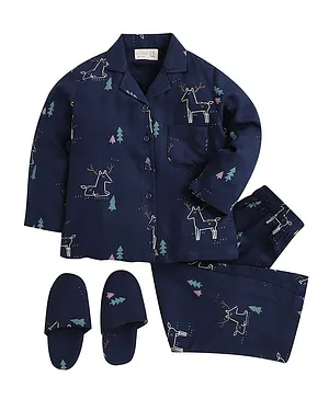Piccolo Animal Print Full Sleeves Night Suit With Slippers - Navy