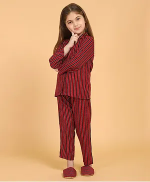 Piccolo Vertical Stripes Full Sleeves Night Suit With Slippers - Maroon
