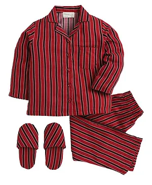 Piccolo Vertical Stripes Full Sleeves Night Suit With Slippers - Maroon
