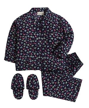 Piccolo Butterfly Print Full Sleeves Night Suit With Slippers - Navy