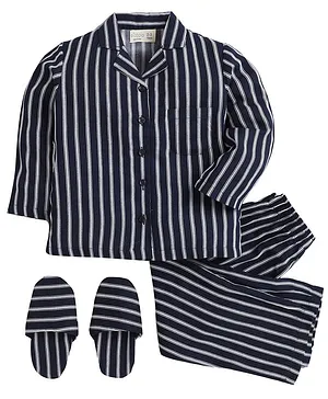 Piccolo Vertical Stripes Full Sleeves Night Suit With Slippers - Black