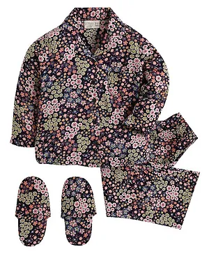 Piccolo Flower Printed Full Sleeves Night Suit With Slippers - Navy