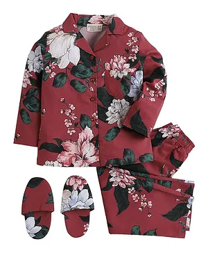 Piccolo Flower Printed Full Sleeves Night Suit With Slippers - Maroon