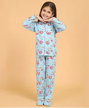 Piccolo Hot Air Balloon Printed Full Sleeves Night Suit With Slippers - Blue