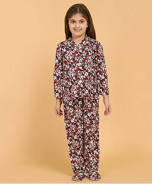 Piccolo Full Sleeves Printed Night Suit With Slippers - Maroon