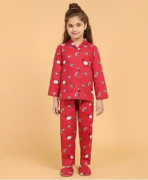 Piccolo Full Sleeves Flower & Butterfly Printed Night Suit With Slippers - Pink