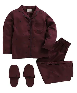 Piccolo Full Sleeves Dots Print Night Suit With Slippers - Maroon