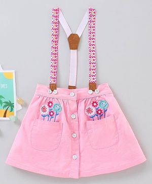 Babyhug Mid Thigh Length Skirt with Suspenders Floral Embroidery - Pink