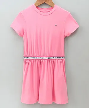 Tommy Hilfiger Short Sleeves Frock Text Print - Light Pink