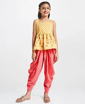 Global Desi Girl Sleeveless Butti Print Peplum Top With Dhoti - Yellow