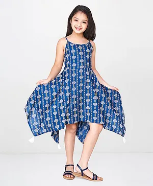 Global Desi Girl Sleeveless Asymmetrical Hemline Motif Print Dress - Blue