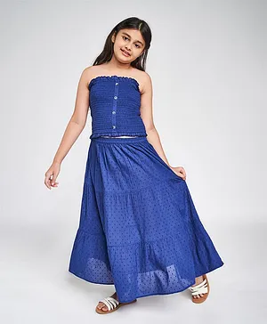 Global Desi Girl Sleeveless Solid Colour Off Shoulder Top With Self Design Skirt - Blue