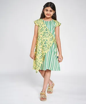 Global Desi Girl Short Sleeves Floral Print Dress - Yellow