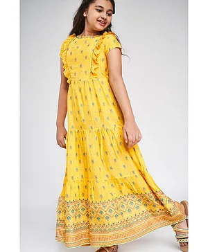 Global Desi Girl Short Sleeves Floral Design Ruffled Dress - Yellow