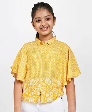 Global Desi Girl Half Sleeves Chevron & Floral Print Top - Yellow