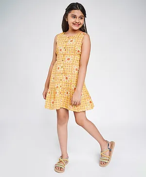 Global Desi Girl Sleeveless Floral Print Dress - Yellow