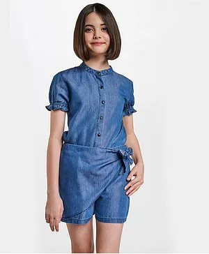 AND Girl Casual Short Sleeves Mandarin Collared Top With Bow Knotted Pants - Blue