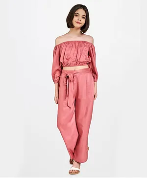 AND Girl Three Fourth Sleeves Off Shoulder Top With Knotted Pants - Peach