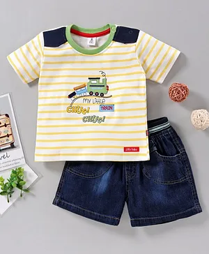 Little Folks Half Sleeves Tee and Shorts Set Engine Print - Yellow Blue