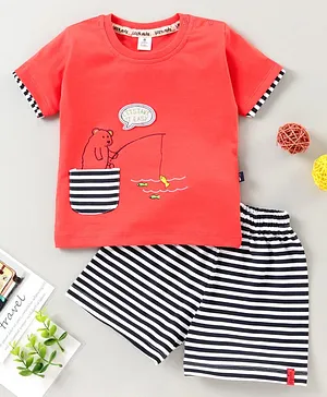 Little Folks Half Sleeves Tee and Shorts Bear Print - Red