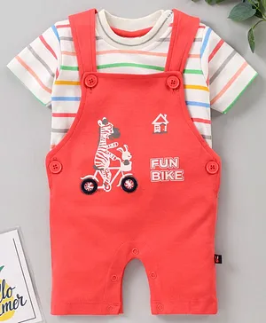 Little Folks Dungaree Style Romper With Half Sleeves Stripe Tee Zebra Print - Red Multicolour