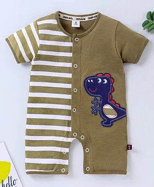Little Folks Half Sleeves Striped Romper Dino Patch - Brown