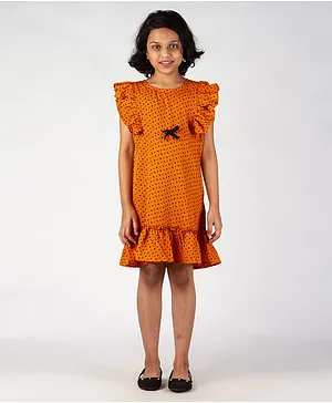 Pikaboo Short Ruffled Sleeves Polka Dots Print Dress - Orange