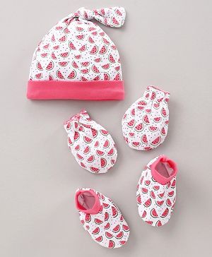 Babyhug Cap Mitten & Booties Watermelon Print - Cap Diameter 11 cm