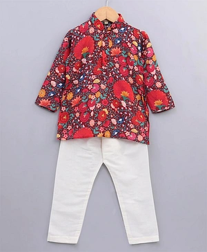 Little Aryan Full Sleeves Kurta & Pyjama Floral Print - Maroon White