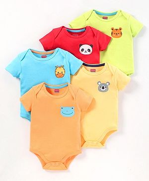 Babyhug Half Sleeves 100% Cotton Onesies Animal Print Pack of 5 - Red Orange Yellow Green Blue