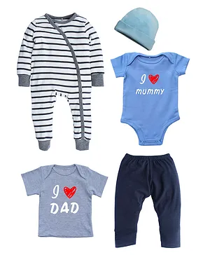 Kadam Pack Of Full Sleeves Striped Romper With Onesie Cap & Tee With Pants - Blue