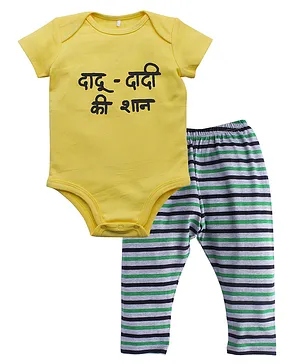 Kadam Baby Short Sleeves Dadu Dadi Ki Shaan Printed Onesie With Striped Leggings - Yellow & Blue