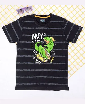 Hop n Jump Half Sleeves Striped & Dinosaur Print Tee - Black