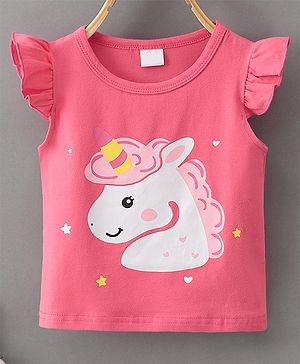 Kookie Kids Flutter Sleeves Tee Unicorn Print - Pink