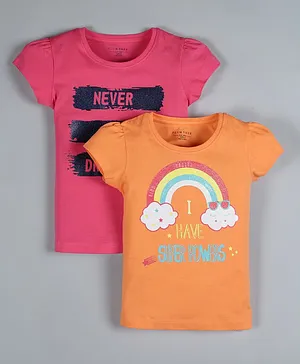 Plum Tree Pack Of 2 Short Sleeves Rainbow Print T-Shirt - Orange & Dark Pink