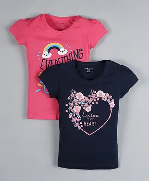 Plum Tree Short Sleeves Pack Of 2 Heart Print T-Shirt - Navy & Dark Pink