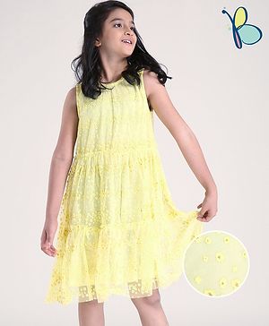 Hola Bonita Sleeveless Party Wear Frock Puff Print - Yellow