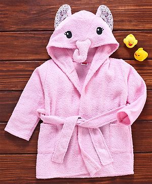 Babyhug Full Sleeves 3D Hood Bath Robe Elephant Design - Pink