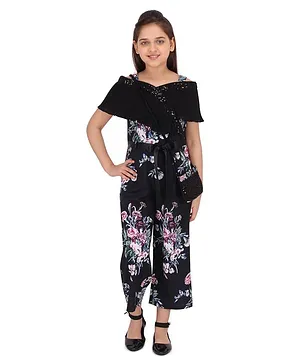 Cutecumber Half Sleeves Floral Print Jumpsuit - Black