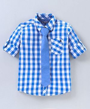 Pine Kids Party Wear Softner Wash Full Sleeves Checks Shirt With Tie - Blue White