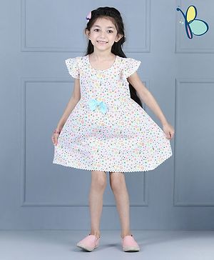 Hola Bonita Cap Sleeves Printed Frock Bow Applique - White