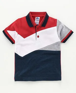 DEAR TO DAD Half Sleeves Colour Block Pattern Tee - Navy Blue & Red