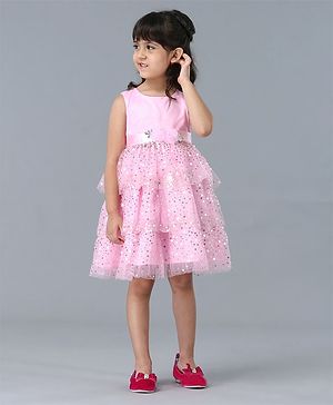 Babyhug Sleeveless Layered Embellished Party Frock - Pink