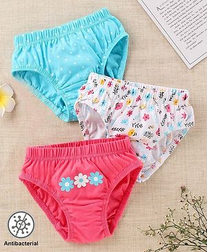Babyhug 100% Cotton Antibacterial Finish Printed Panties Pack of 3 - Blue White Pink