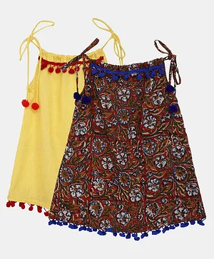BownBee Set of 2 Sleeveless Floral Print Pom Pom Detailed Tops - Brown Yellow