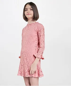 AND Girl Full Sleeves Floral Design Dress - Pink