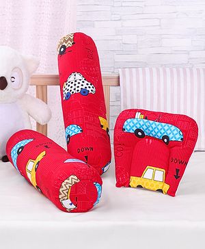 Babyhug Pillow And Bolster Set Cars Print - Red| Prevents  Flat Head Syndrome| Neck and Shoulder Support | 100% Cotton| Breathable Fabric| Girls and Boys| Protection from Crib Railing| New Born Gifting Option | Travel Friendly| Soft and Comfortable