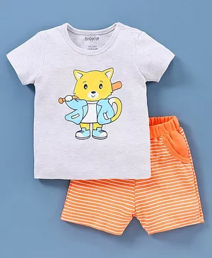 Babyoye Half Sleeves Tee & Shorts Fox Print - Grey Orange