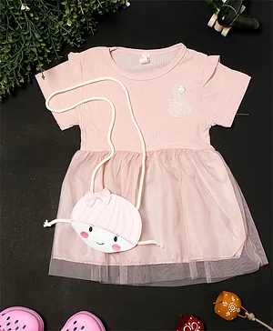 PASSION PETALS Half Sleeves Doll Patch Detailing Dress With Sling Bag - Light Pink