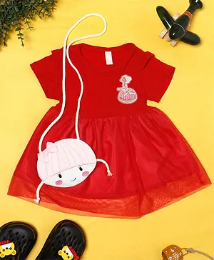 PASSION PETALS Half Sleeves Doll Patch Detailing Dress With Sling Bag - Red